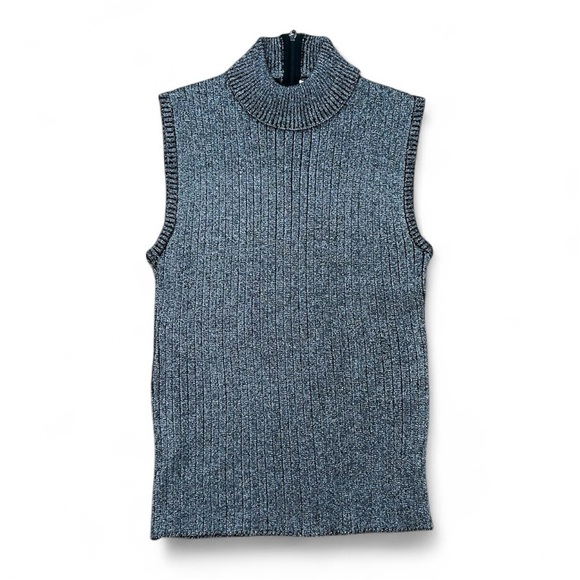 Vintage Lurex Silver Metallic Ribbed Turtleneck Sleeveless Sweater - Picture 1 of 11